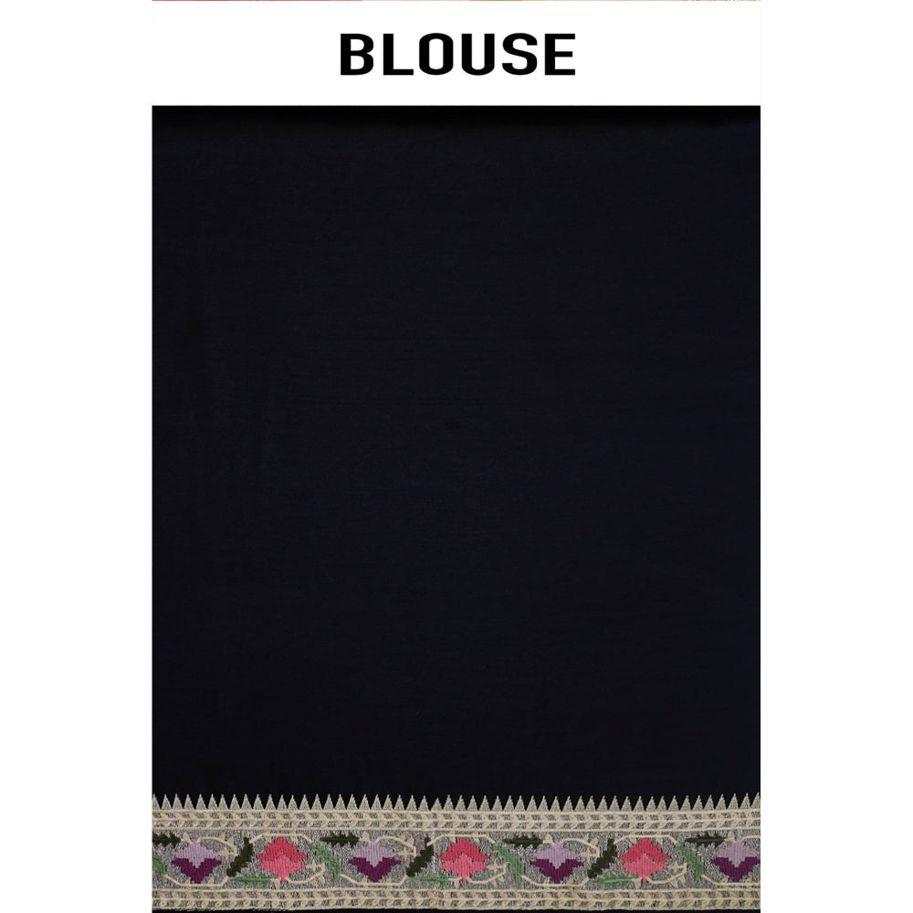 Aparnaa Black Tussar Silk Floral Embroidered Saree with Unstitched Blouse