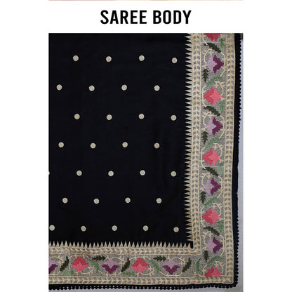 Aparnaa Black Tussar Silk Floral Embroidered Saree with Unstitched Blouse