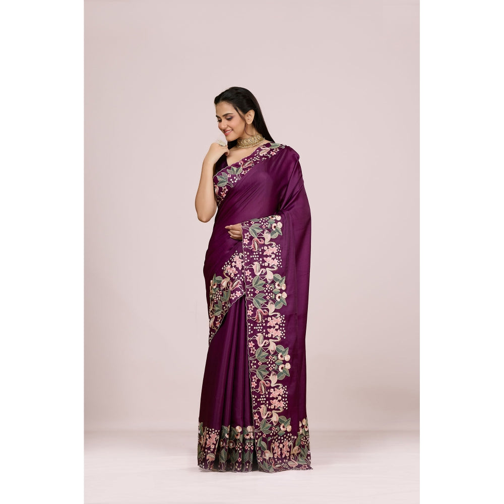 Aparnaa Wine Aubergine Silk Swan and Floral Embroidery Saree with Unstitched Blouse