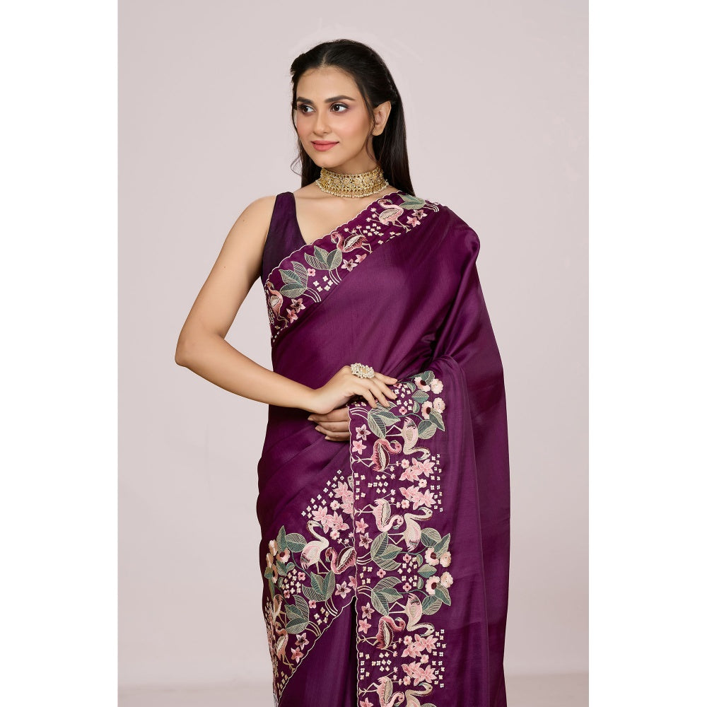 Aparnaa Wine Aubergine Silk Swan and Floral Embroidery Saree with Unstitched Blouse