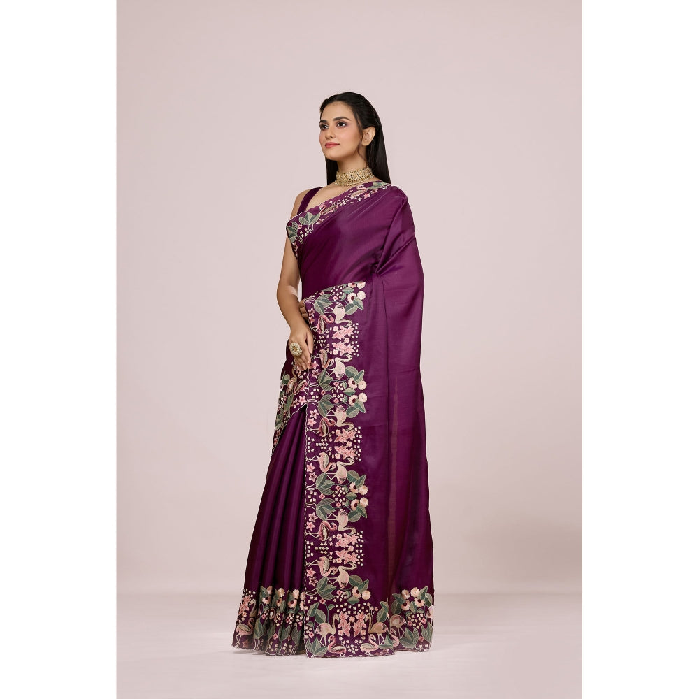 Aparnaa Wine Aubergine Silk Swan and Floral Embroidery Saree with Unstitched Blouse