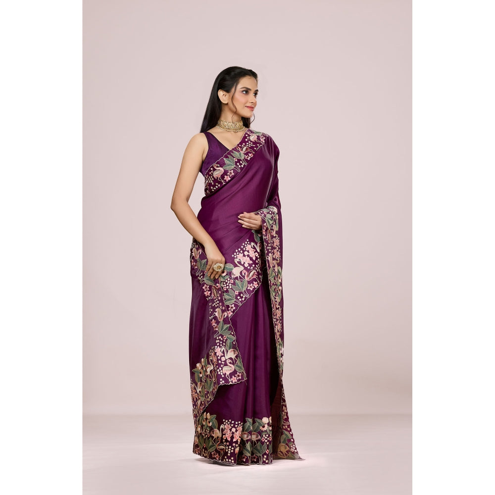 Aparnaa Wine Aubergine Silk Swan and Floral Embroidery Saree with Unstitched Blouse