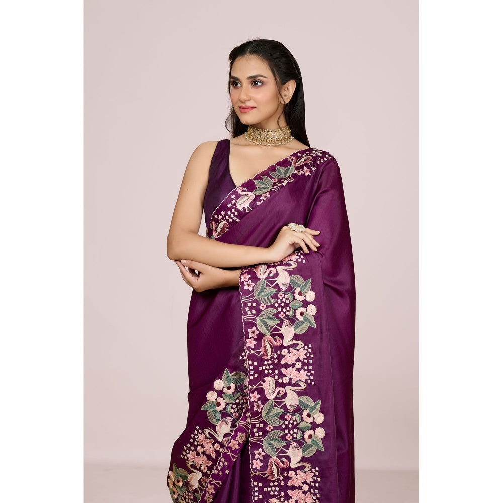 Aparnaa Wine Aubergine Silk Swan and Floral Embroidery Saree with Unstitched Blouse