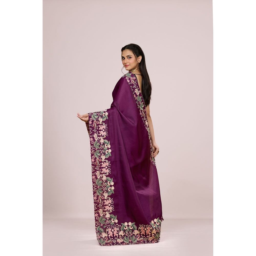Aparnaa Wine Aubergine Silk Swan and Floral Embroidery Saree with Unstitched Blouse