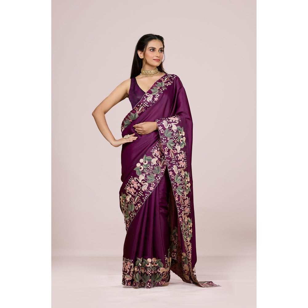 Aparnaa Wine Aubergine Silk Swan and Floral Embroidery Saree with Unstitched Blouse
