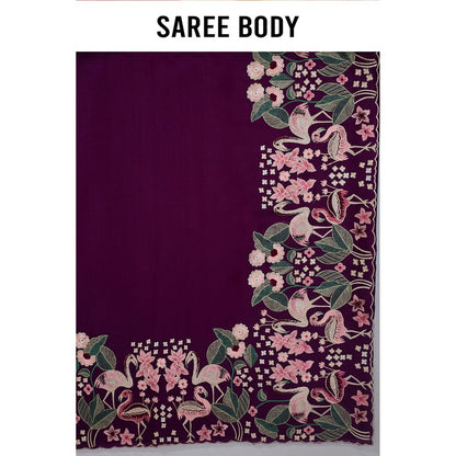Aparnaa Wine Aubergine Silk Swan and Floral Embroidery Saree with Unstitched Blouse