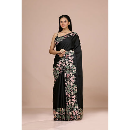 Aparnaa Black Aubergine Silk Swan and Floral Embroidery Saree with Unstitched Blouse