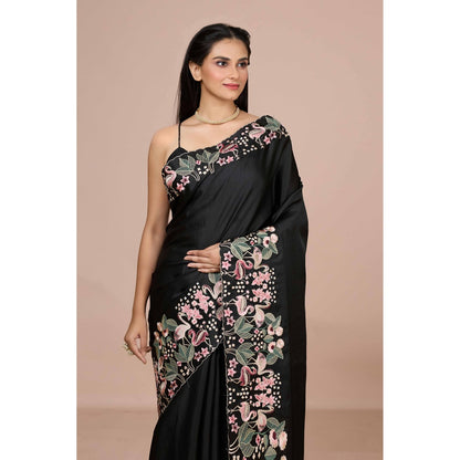Aparnaa Black Aubergine Silk Swan and Floral Embroidery Saree with Unstitched Blouse