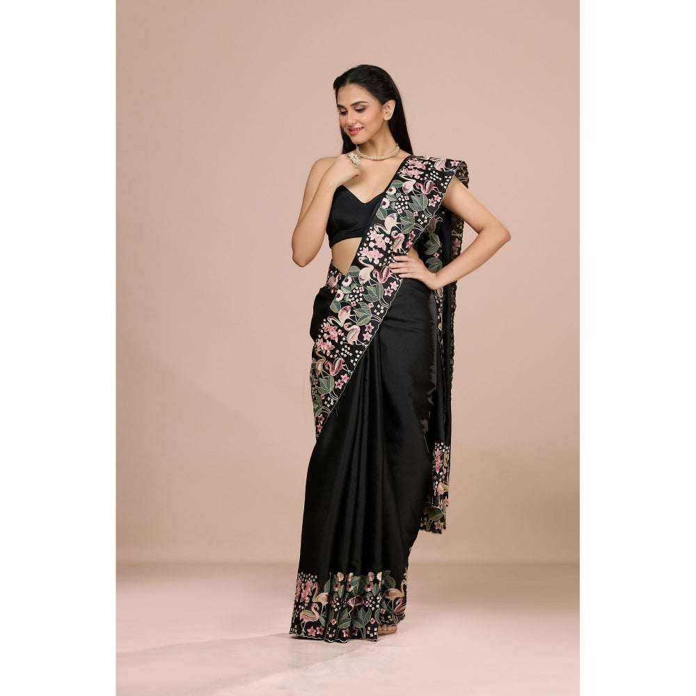 Aparnaa Black Aubergine Silk Swan and Floral Embroidery Saree with Unstitched Blouse
