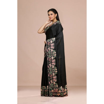 Aparnaa Black Aubergine Silk Swan and Floral Embroidery Saree with Unstitched Blouse