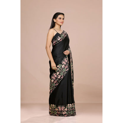 Aparnaa Black Aubergine Silk Swan and Floral Embroidery Saree with Unstitched Blouse