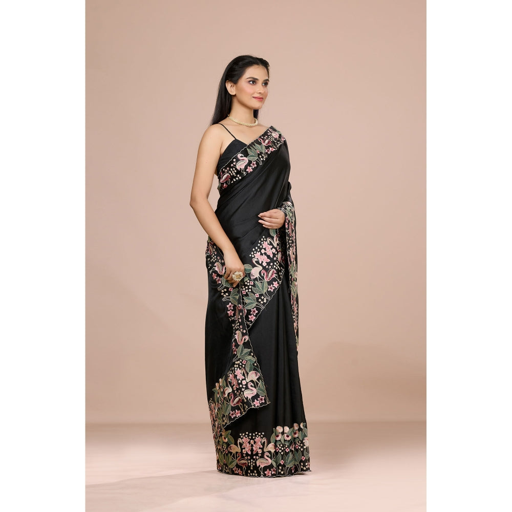 Aparnaa Black Aubergine Silk Swan and Floral Embroidery Saree with Unstitched Blouse