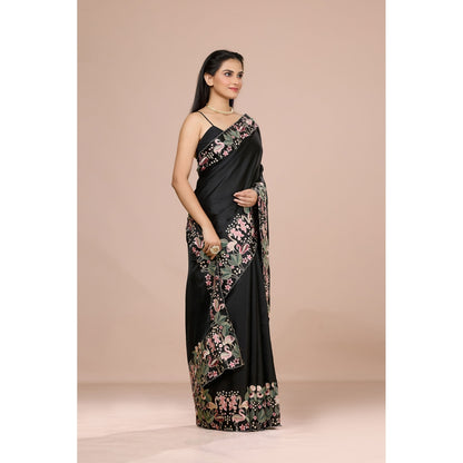 Aparnaa Black Aubergine Silk Swan and Floral Embroidery Saree with Unstitched Blouse