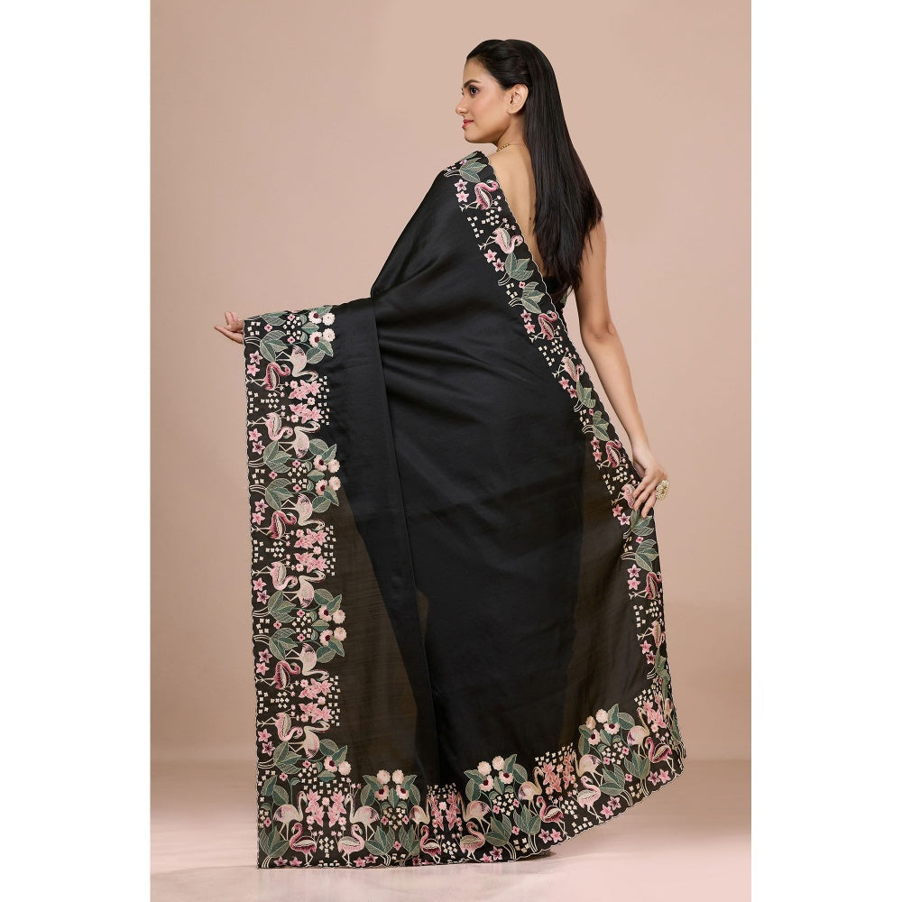 Aparnaa Black Aubergine Silk Swan and Floral Embroidery Saree with Unstitched Blouse