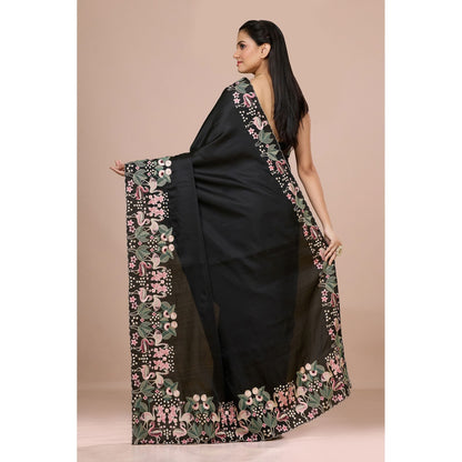 Aparnaa Black Aubergine Silk Swan and Floral Embroidery Saree with Unstitched Blouse