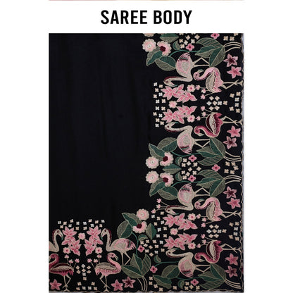 Aparnaa Black Aubergine Silk Swan and Floral Embroidery Saree with Unstitched Blouse