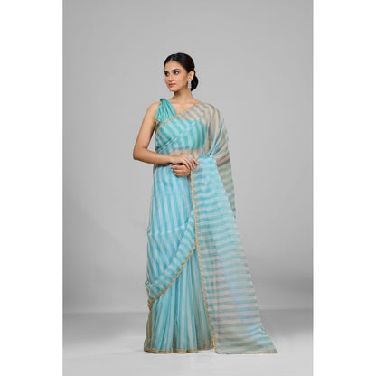 Aparnaa Sky Blue Striped Embroidered Border Organza Saree with Unstitched Blouse