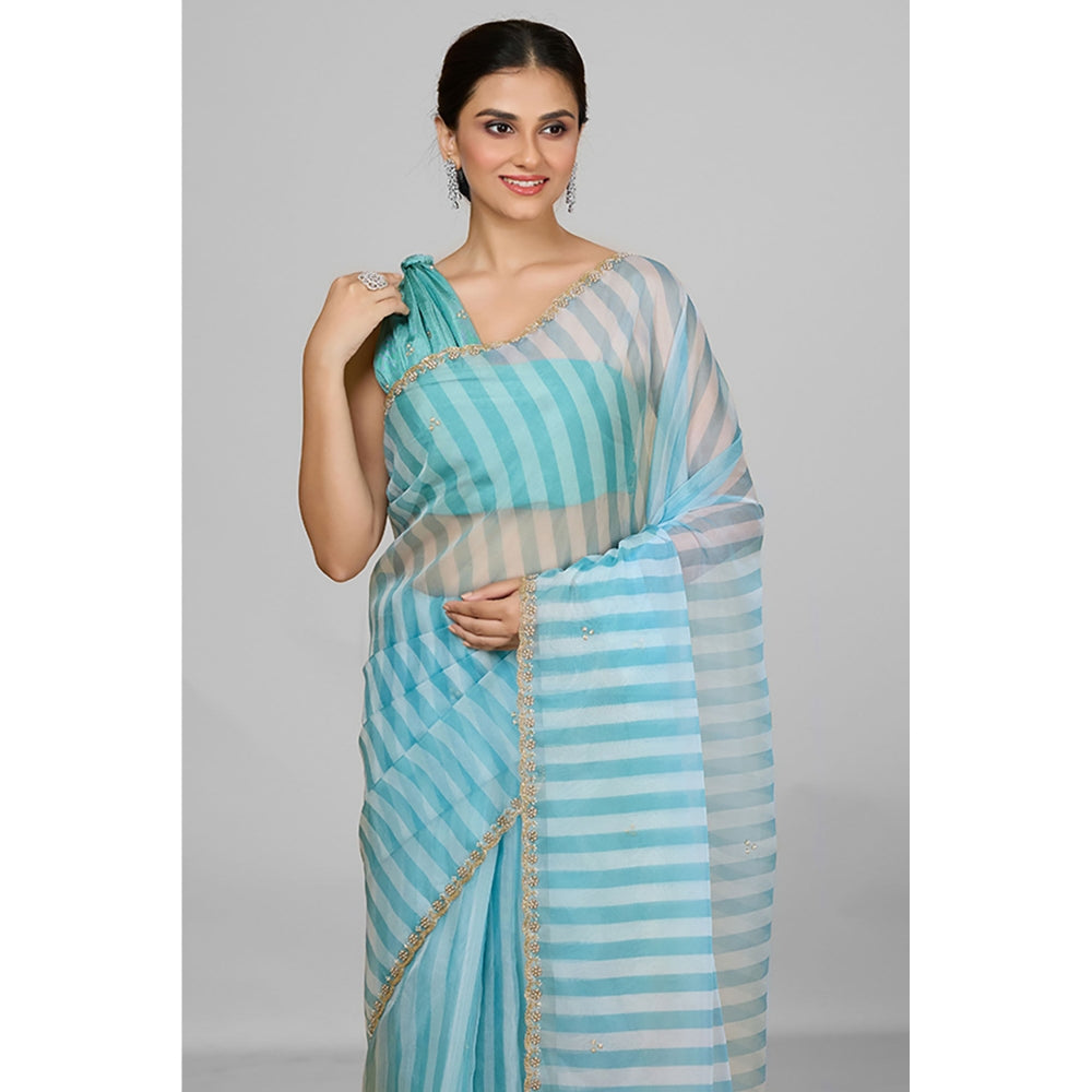 Aparnaa Sky Blue Striped Embroidered Border Organza Saree with Unstitched Blouse