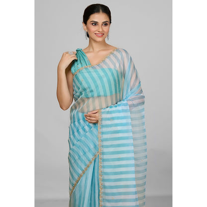 Aparnaa Sky Blue Striped Embroidered Border Organza Saree with Unstitched Blouse