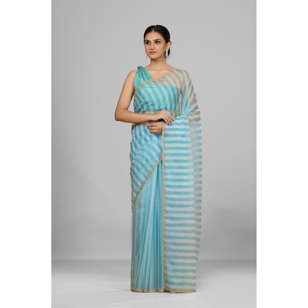 Aparnaa Sky Blue Striped Embroidered Border Organza Saree with Unstitched Blouse