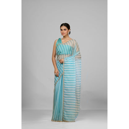 Aparnaa Sky Blue Striped Embroidered Border Organza Saree with Unstitched Blouse