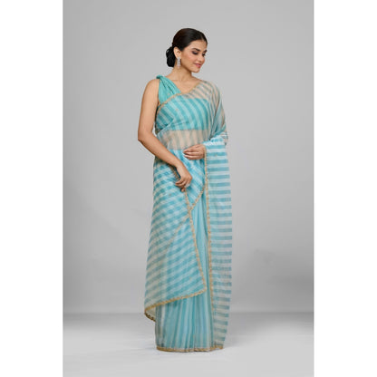 Aparnaa Sky Blue Striped Embroidered Border Organza Saree with Unstitched Blouse
