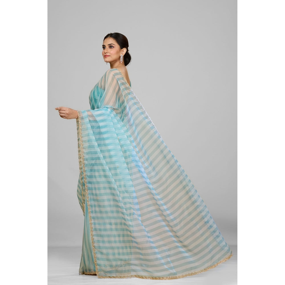 Aparnaa Sky Blue Striped Embroidered Border Organza Saree with Unstitched Blouse