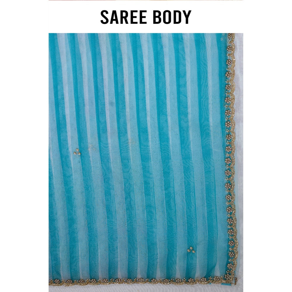 Aparnaa Sky Blue Striped Embroidered Border Organza Saree with Unstitched Blouse
