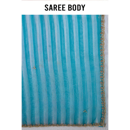 Aparnaa Sky Blue Striped Embroidered Border Organza Saree with Unstitched Blouse