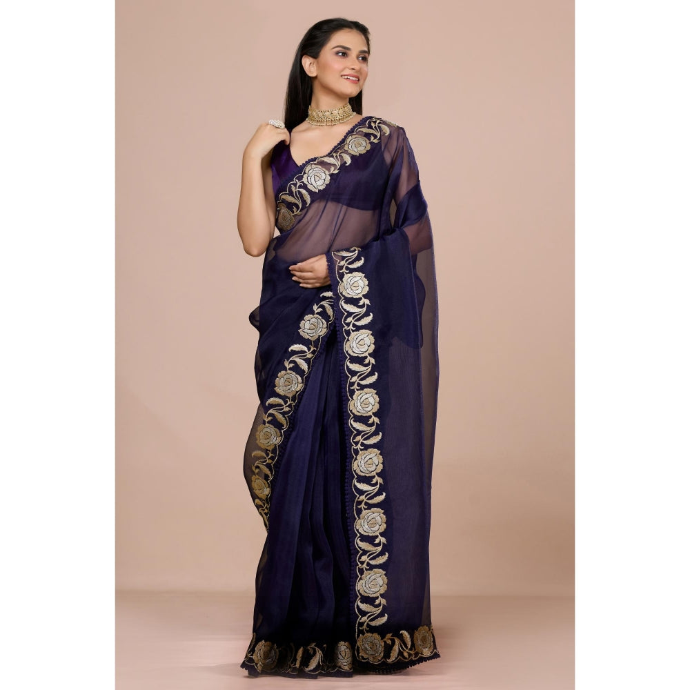 Aparnaa Navy Blue Paper Tissue Saree with Unstitched Blouse