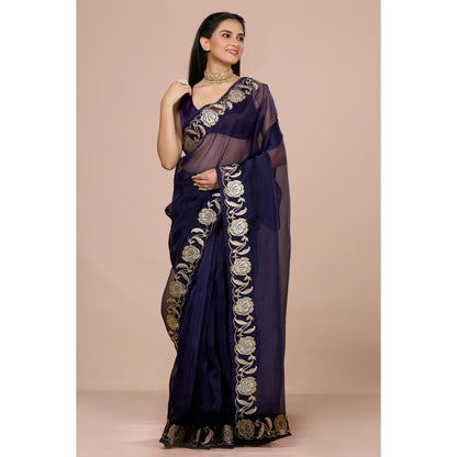 Aparnaa Navy Blue Paper Tissue Saree with Unstitched Blouse