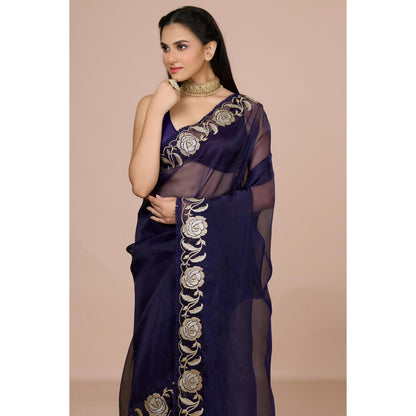 Aparnaa Navy Blue Paper Tissue Saree with Unstitched Blouse