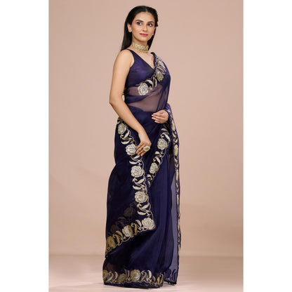Aparnaa Navy Blue Paper Tissue Saree with Unstitched Blouse