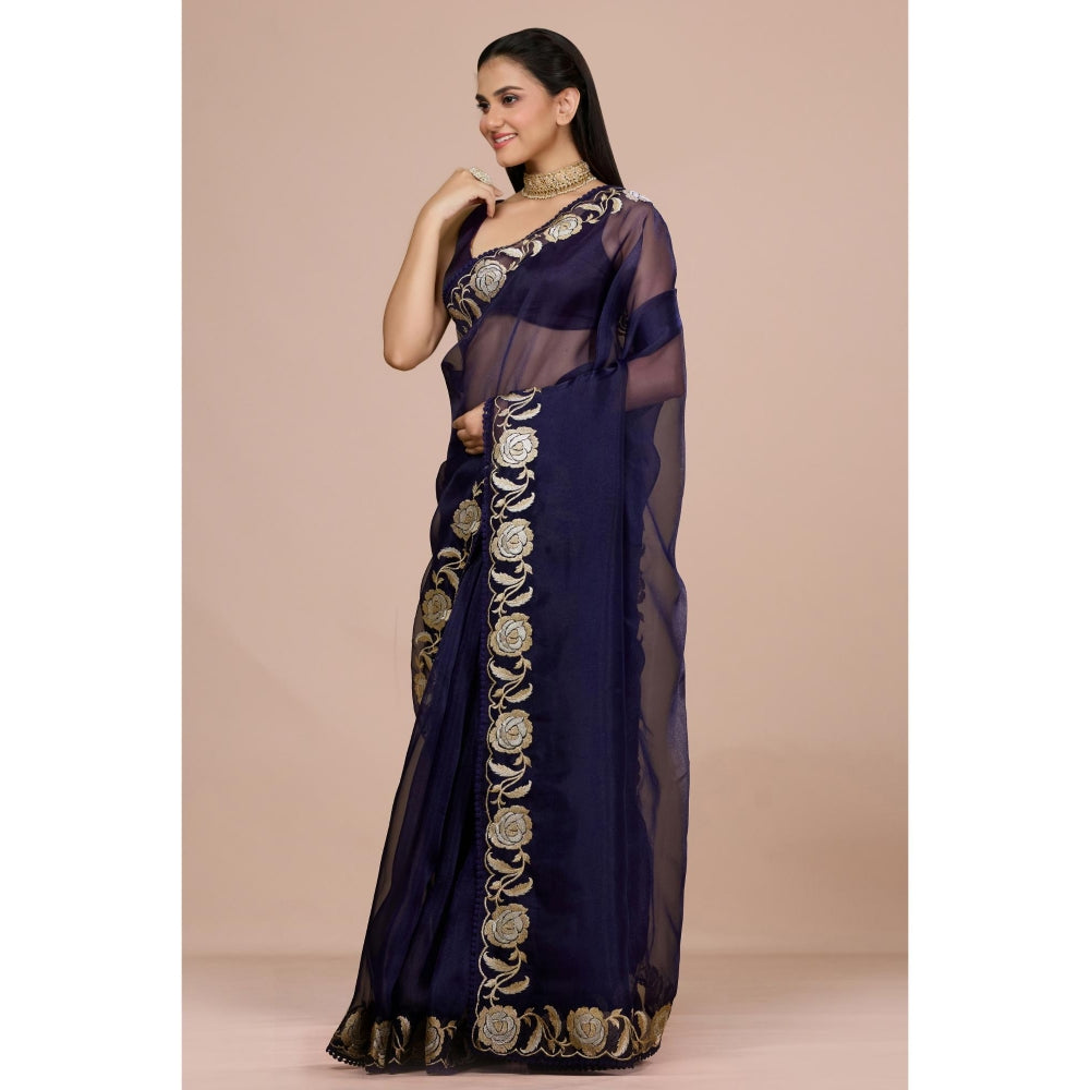 Aparnaa Navy Blue Paper Tissue Saree with Unstitched Blouse