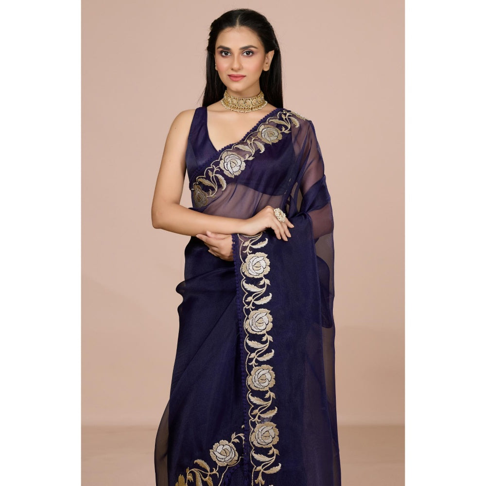 Aparnaa Navy Blue Paper Tissue Saree with Unstitched Blouse