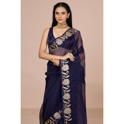 Aparnaa Navy Blue Paper Tissue Saree with Unstitched Blouse