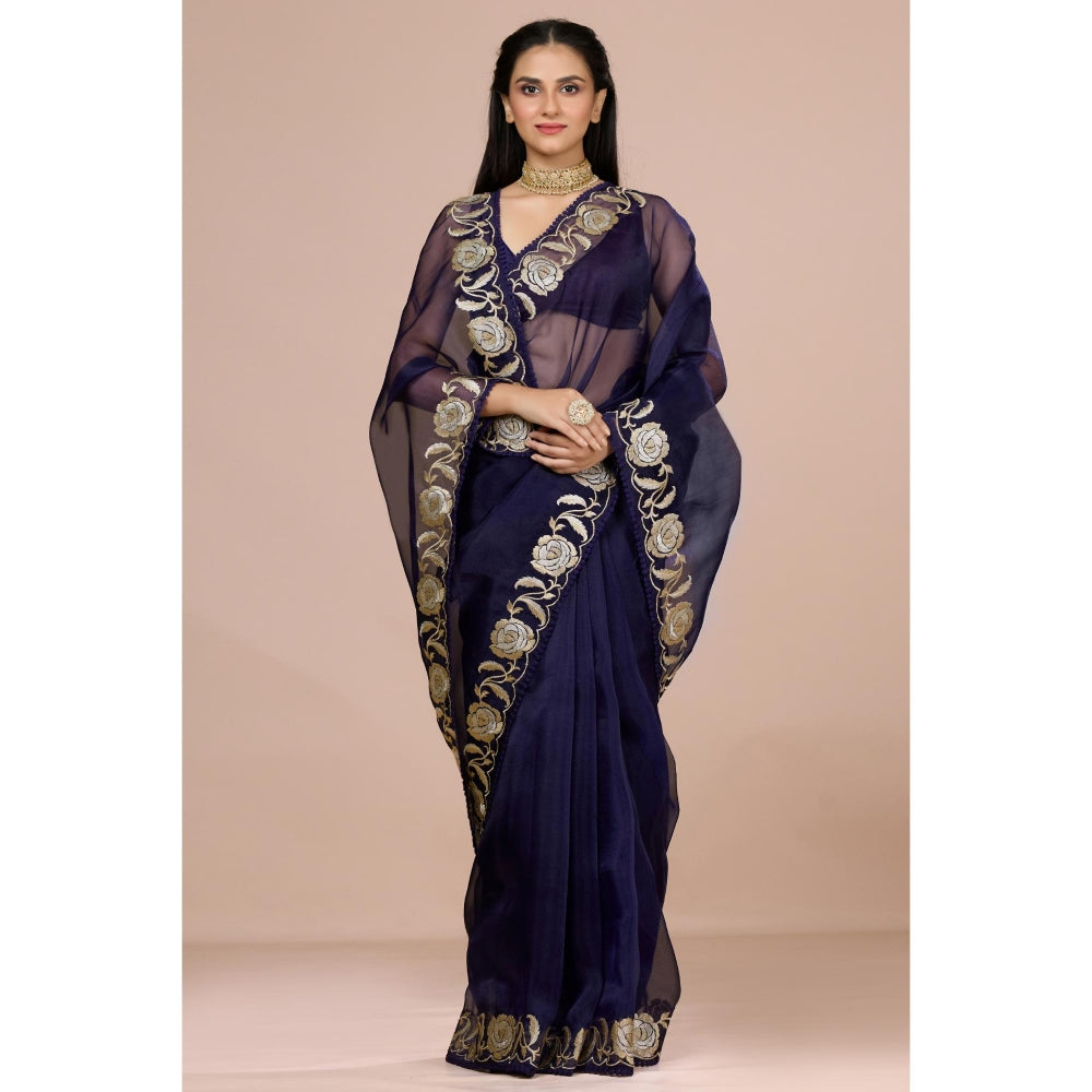 Aparnaa Navy Blue Paper Tissue Saree with Unstitched Blouse