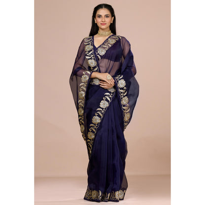 Aparnaa Navy Blue Paper Tissue Saree with Unstitched Blouse