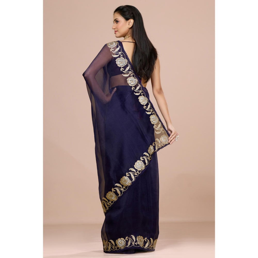 Aparnaa Navy Blue Paper Tissue Saree with Unstitched Blouse