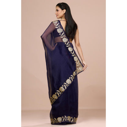 Aparnaa Navy Blue Paper Tissue Saree with Unstitched Blouse
