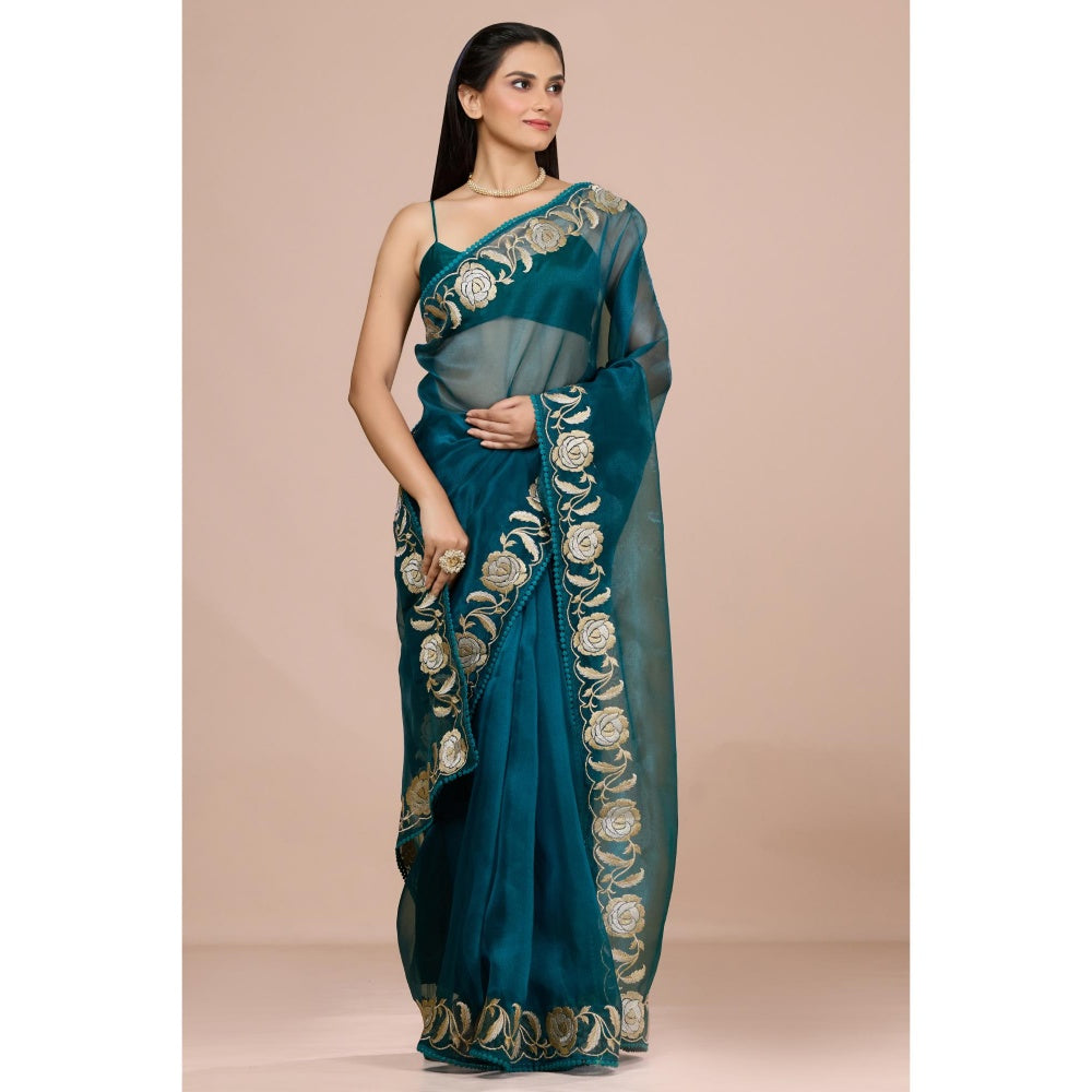 Aparnaa Teal Blue Paper Tissue Saree with Unstitched Blouse