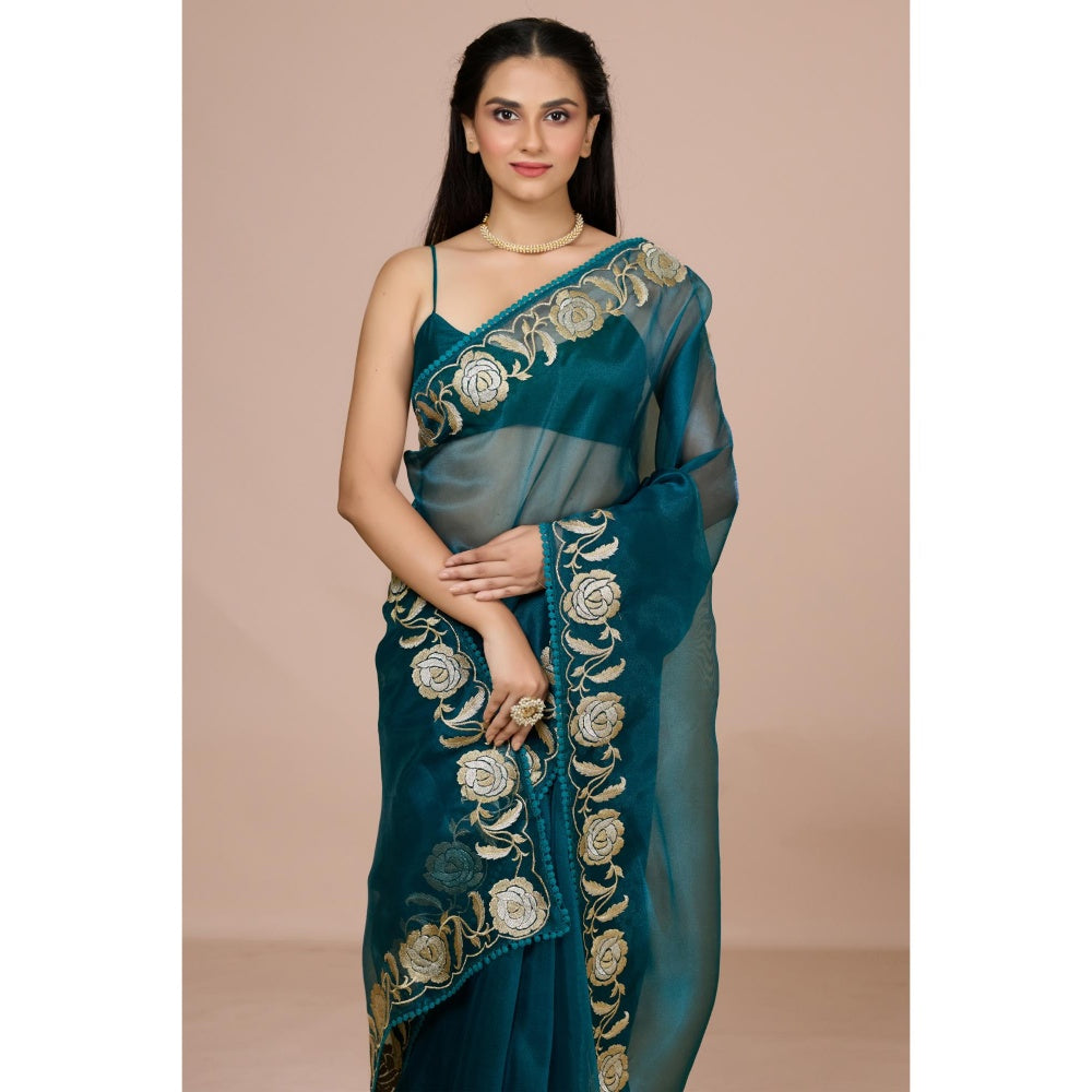 Aparnaa Teal Blue Paper Tissue Saree with Unstitched Blouse