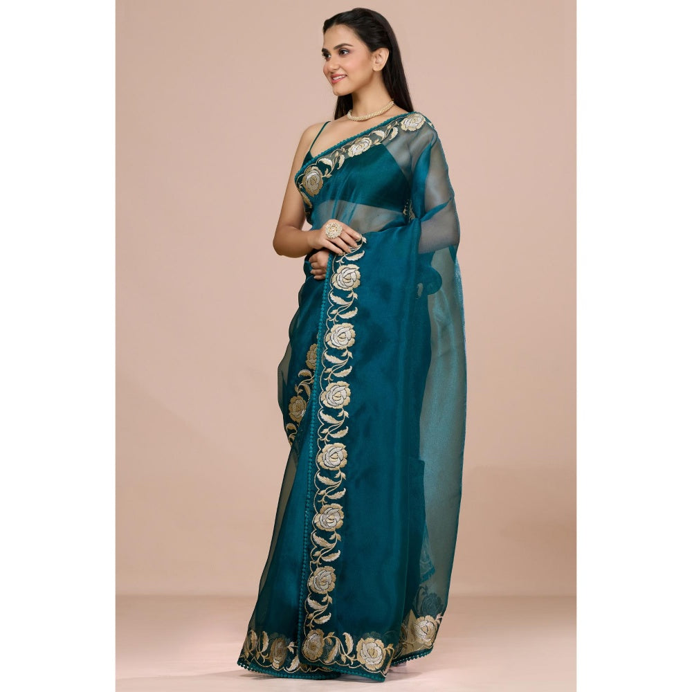 Aparnaa Teal Blue Paper Tissue Saree with Unstitched Blouse