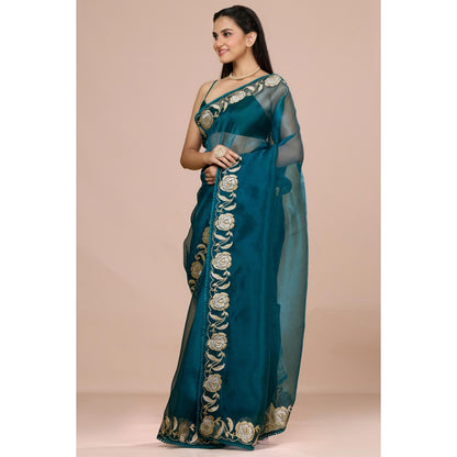 Aparnaa Teal Blue Paper Tissue Saree with Unstitched Blouse