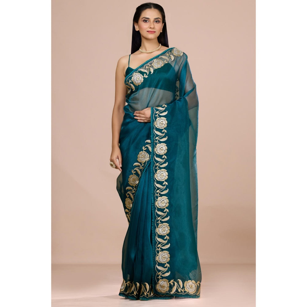 Aparnaa Teal Blue Paper Tissue Saree with Unstitched Blouse