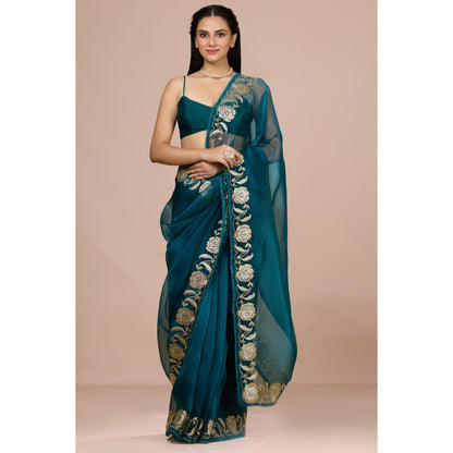 Aparnaa Teal Blue Paper Tissue Saree with Unstitched Blouse