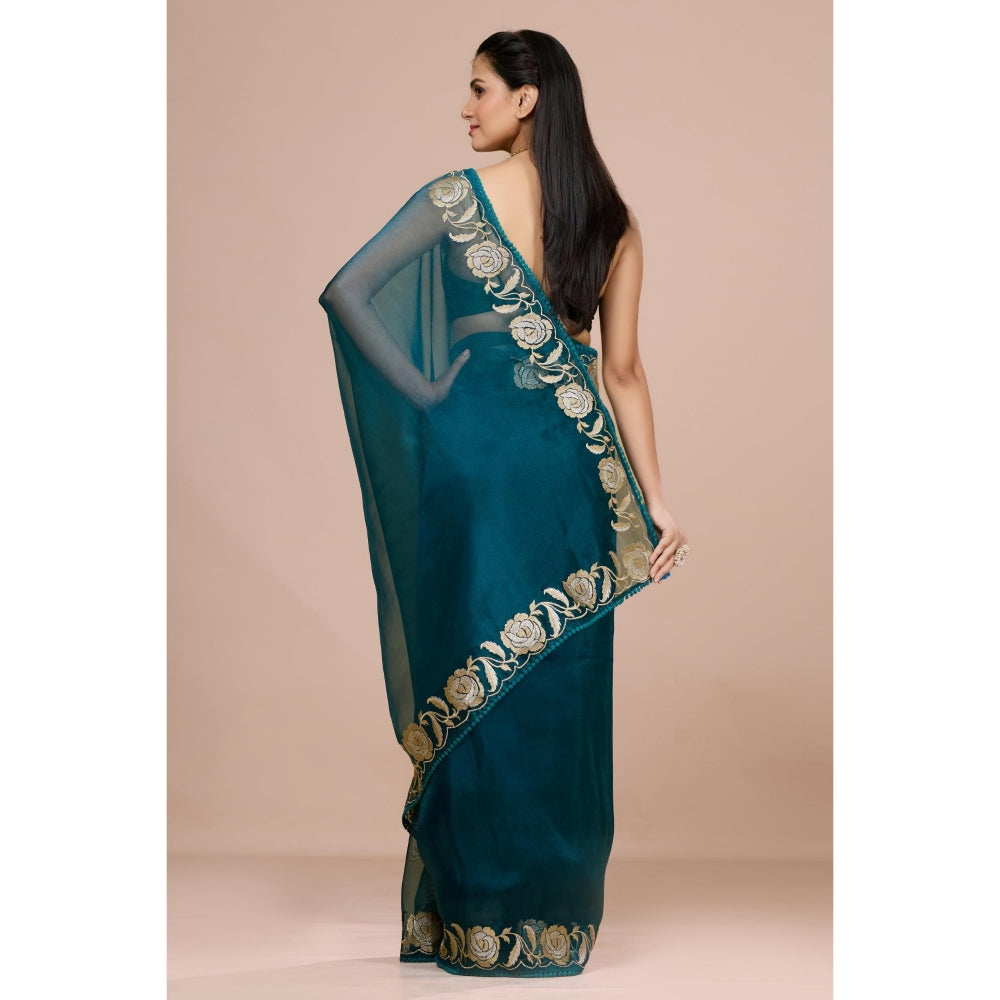 Aparnaa Teal Blue Paper Tissue Saree with Unstitched Blouse