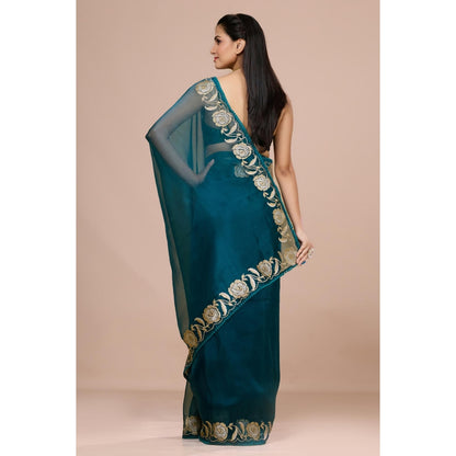 Aparnaa Teal Blue Paper Tissue Saree with Unstitched Blouse
