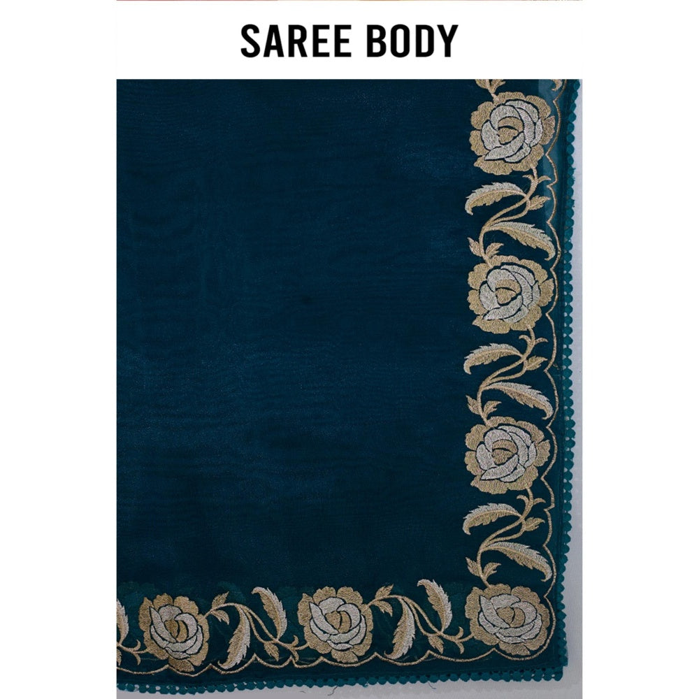 Aparnaa Teal Blue Paper Tissue Saree with Unstitched Blouse
