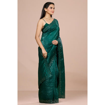 Aparnaa Onyx Green Fancy Crush Saree with Unstitched Blouse